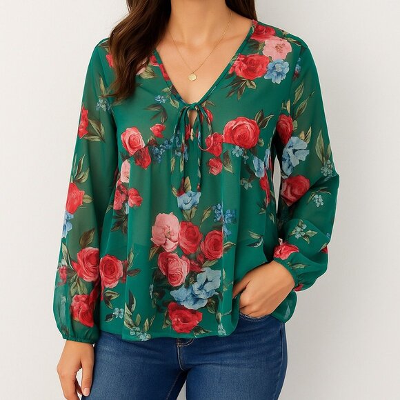 Peach Love California S Green Floral Sheer Peasant Blouse Long Sleeve Boho Top - Picture 1 of 16